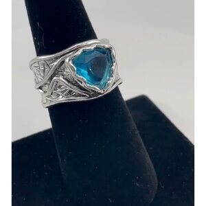 BOHEMIAN Ring Chunky Bright Blue Diamond CZ SilverTone Band Witchy Fairy Forest